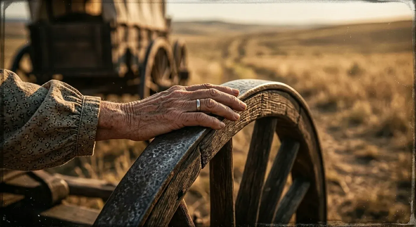 A grandmother walking hand in hand with a grandchild along a dusty trail at golden hour