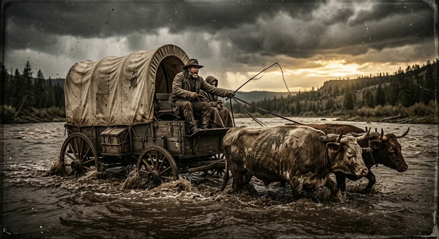 Wagon crossing a river