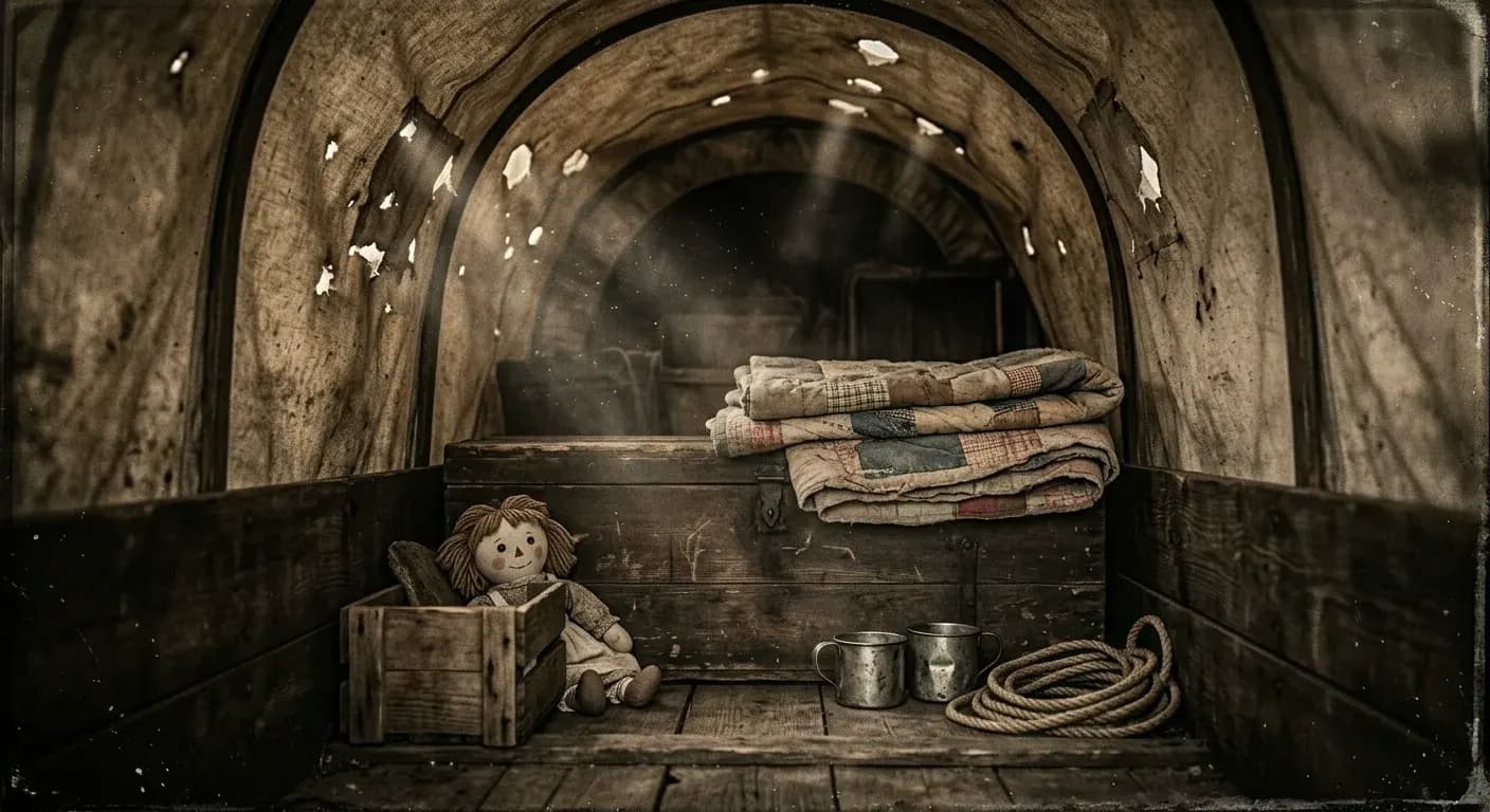 Inside a covered wagon with personal belongings