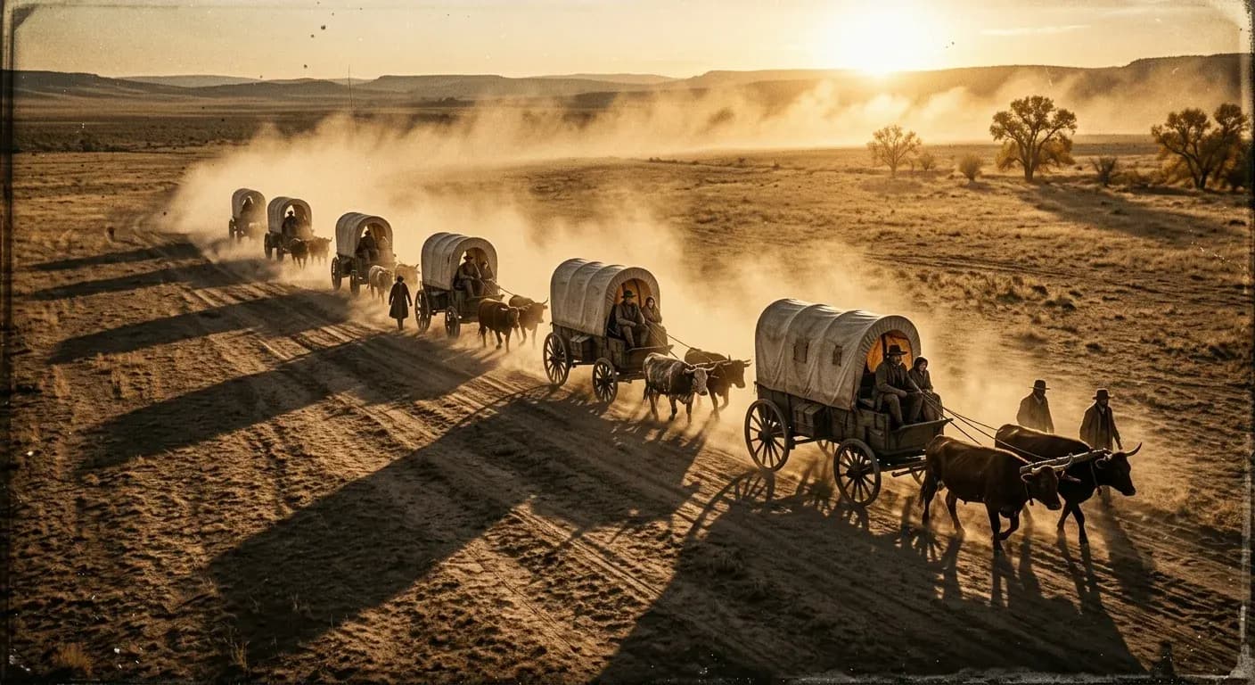 Wagon train traveling together across the prairie