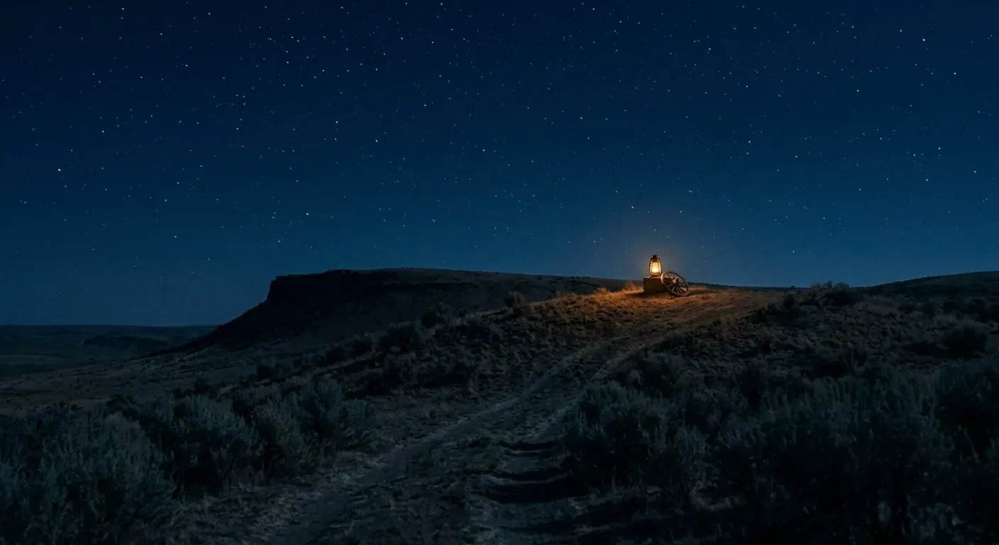 A trail map and lantern laid out on worn wood, warmly lit