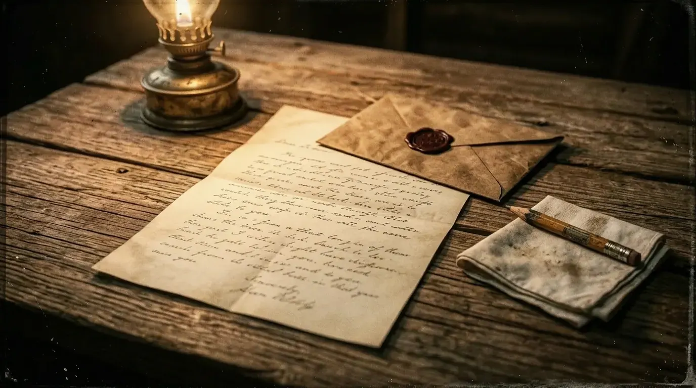 A worn leather journal beside a lantern on a wooden trail desk