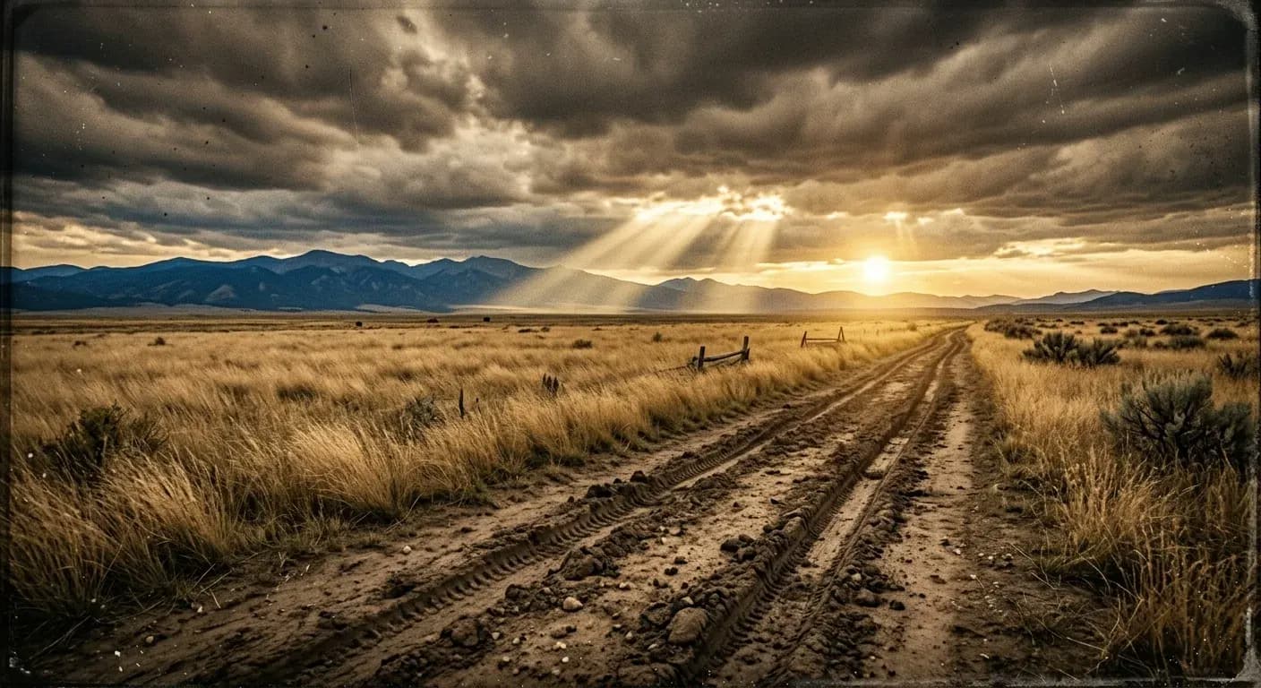 Prairie trail leading toward distant mountains