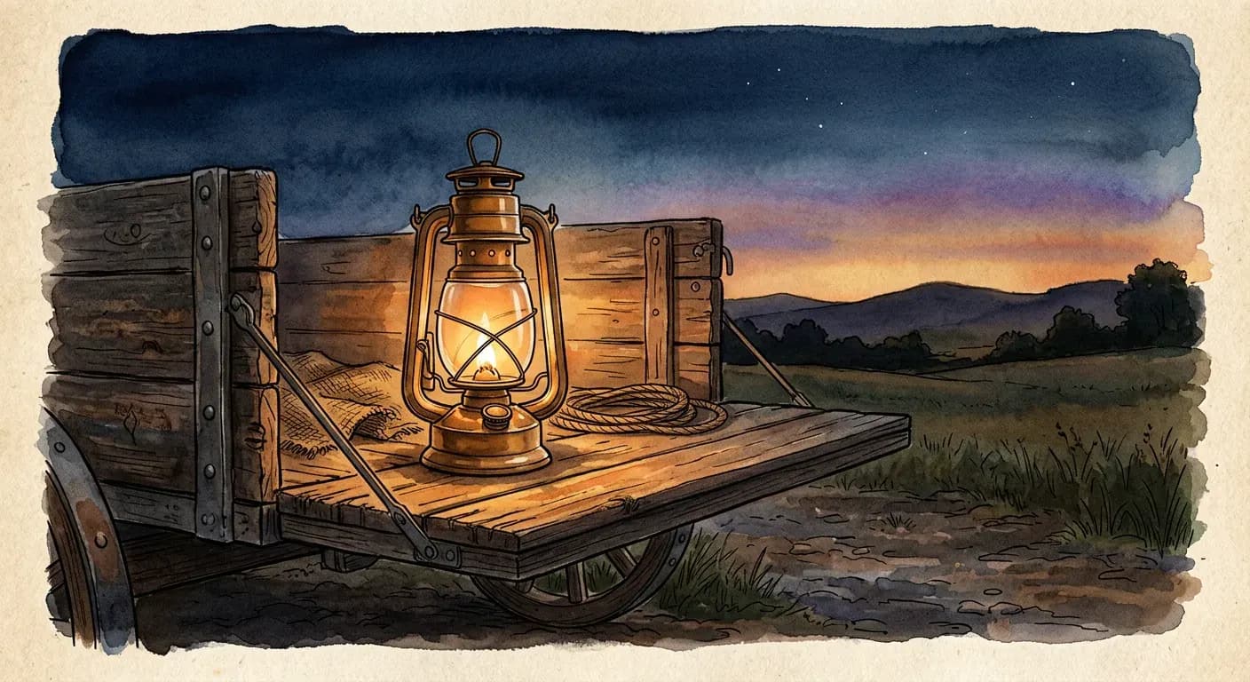 A warm oil lantern on a wagon tailgate at dusk