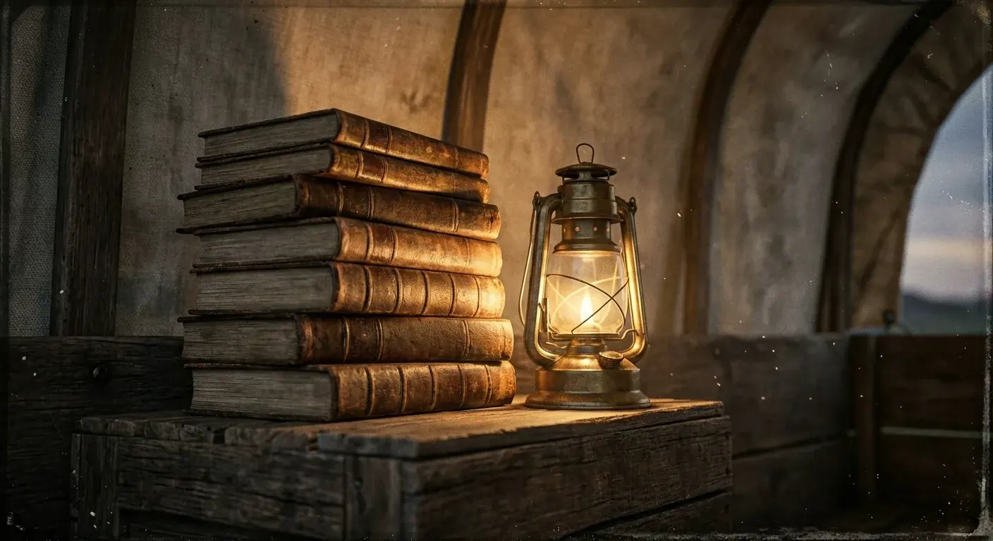 A stack of worn leather-bound books beside an oil lantern in a covered wagon