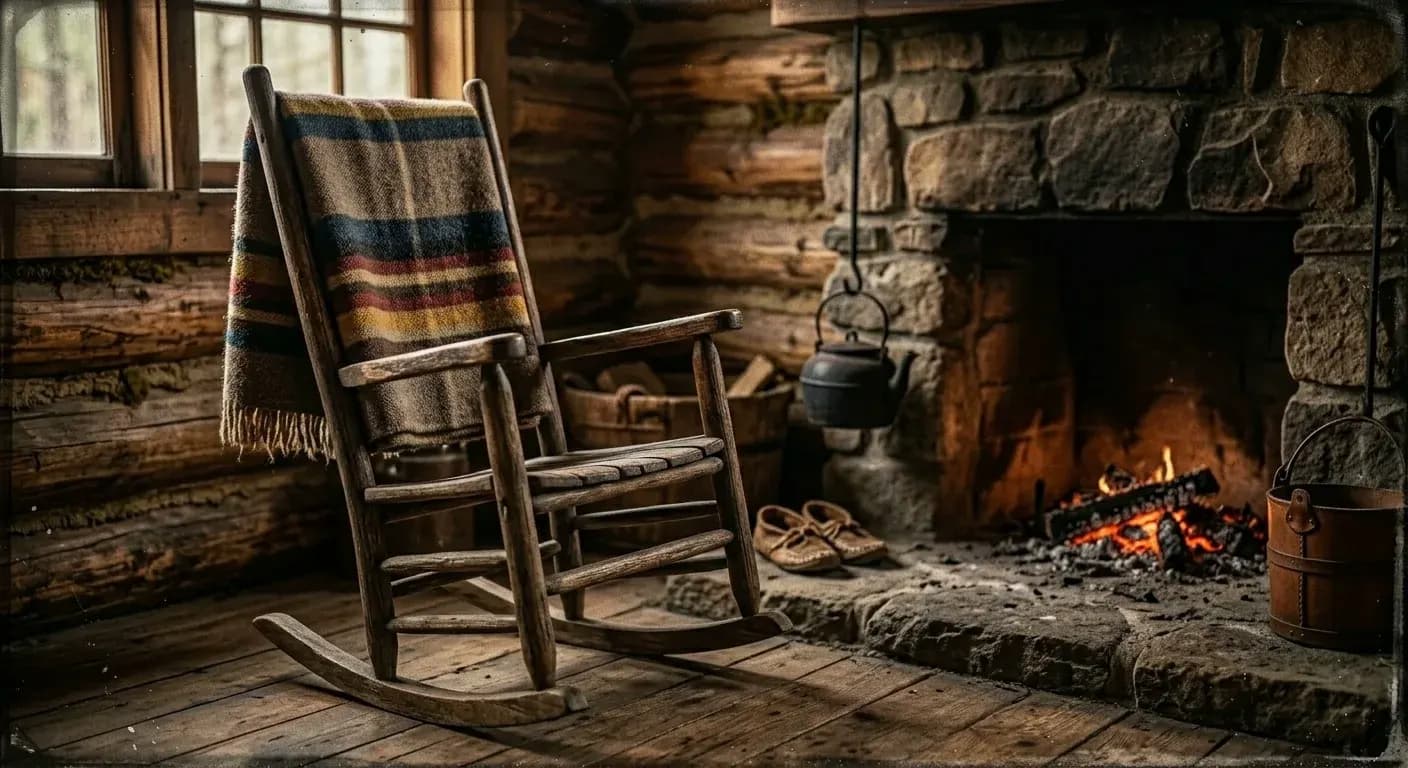 A warm lantern on a porch at night, a covered wagon resting in the background