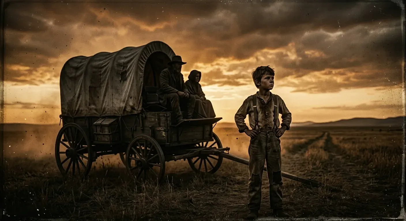 Covered wagon silhouetted against a golden sunset on the Oregon Trail