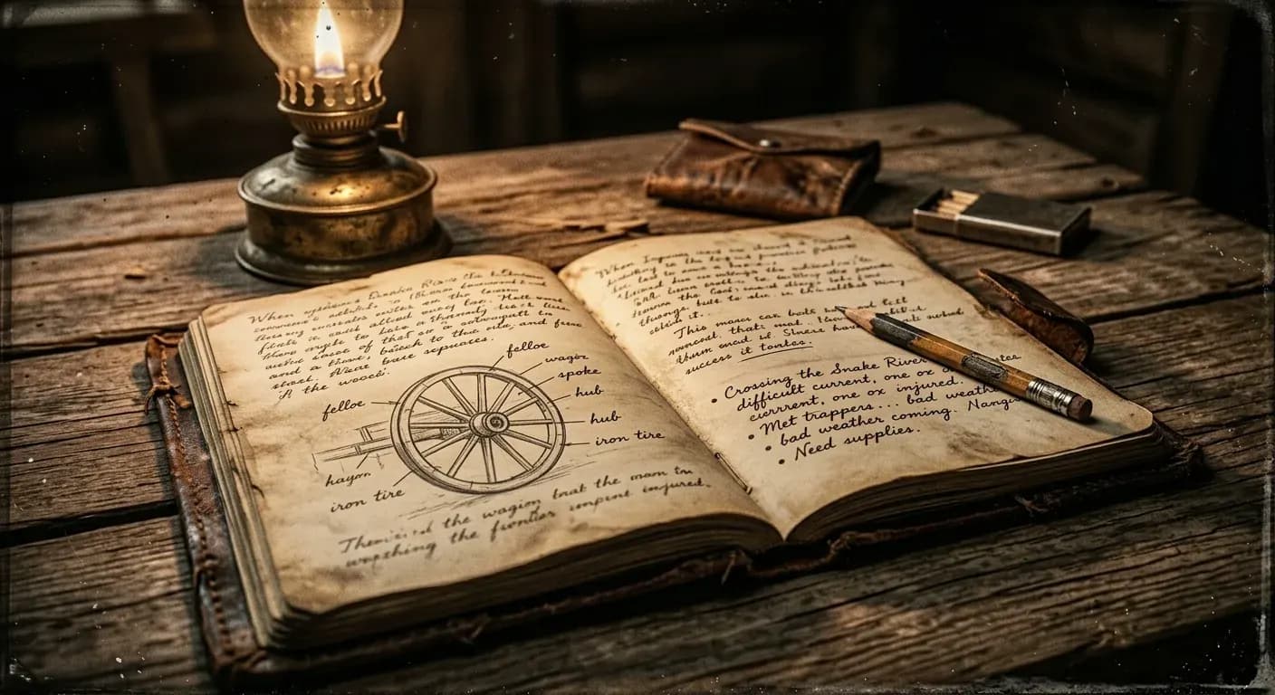 A worn journal with handwritten notes about the wagon framework