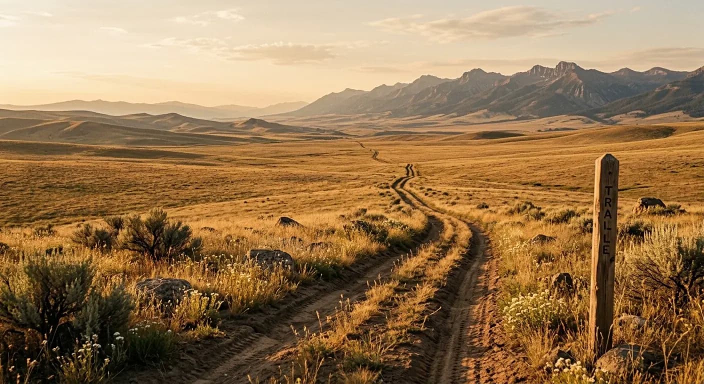 A wide valley with a trail winding toward distant blue hills