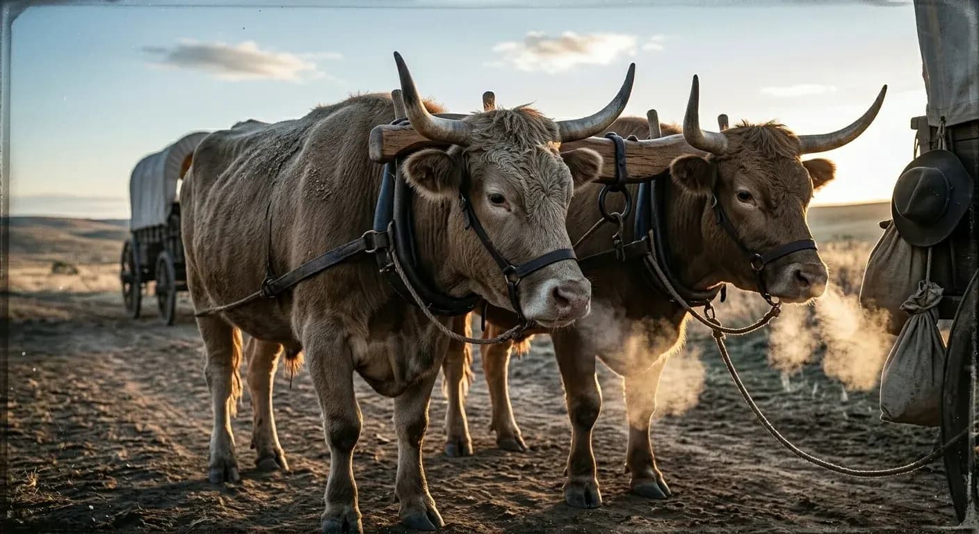 Two oxen yoked to a covered wagon on a warm, dusty trail at golden hour