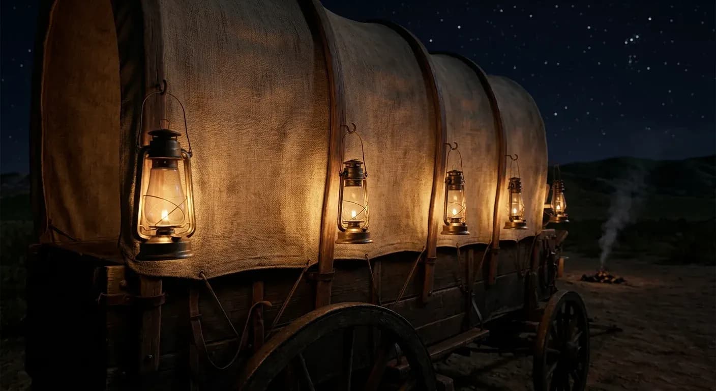 Pioneer figures walking alongside a covered wagon at sunset, silhouetted against a warm amber sky