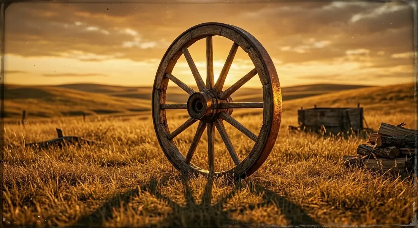 Four wagon wheels arranged in a circle, each a different earth tone