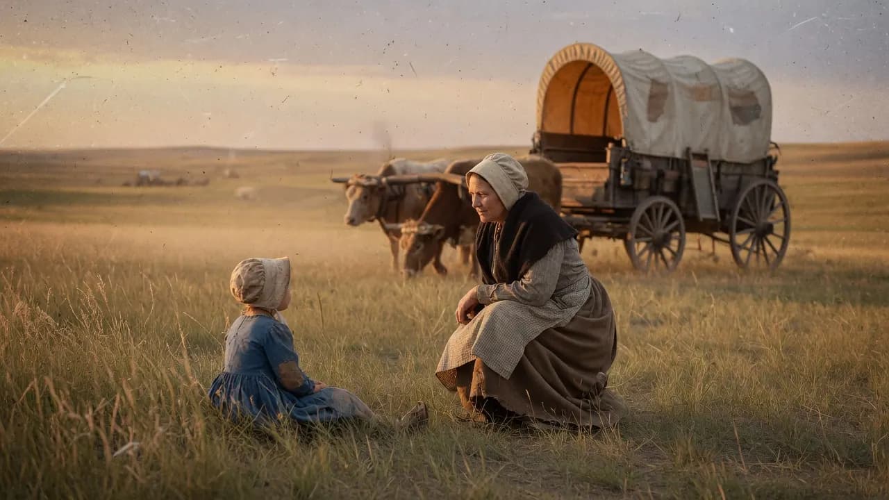 A child sitting in prairie grass while a caregiver crouches nearby, a wagon in the distance