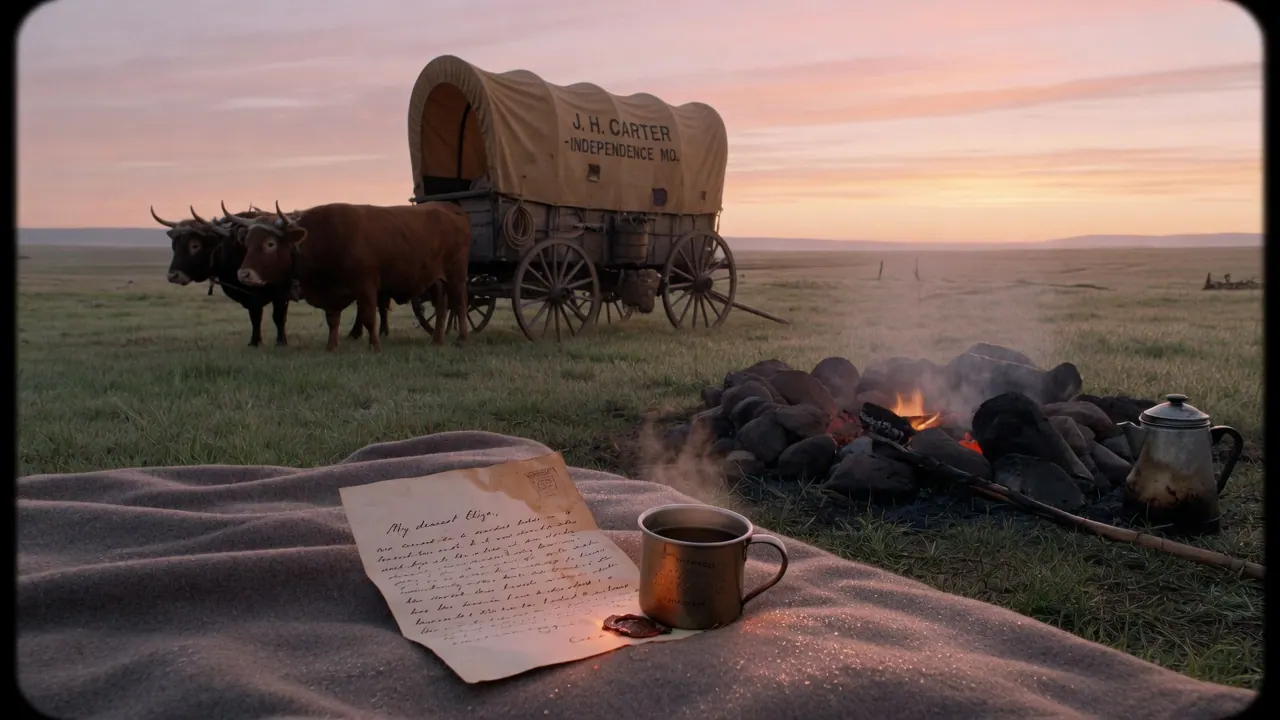 A handwritten letter and a tin cup at dawn beside a covered wagon on the prairie
