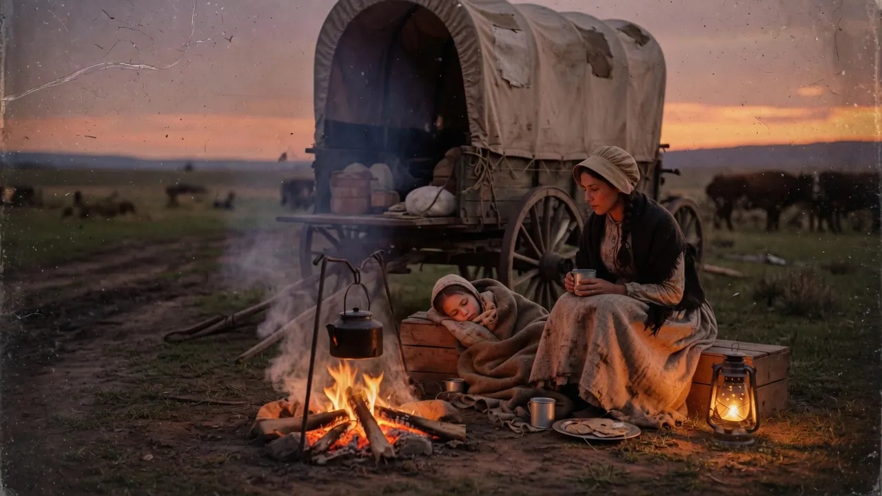 A covered wagon camp at dusk, firelight and a caregiver sitting near a quiet child under a blanket
