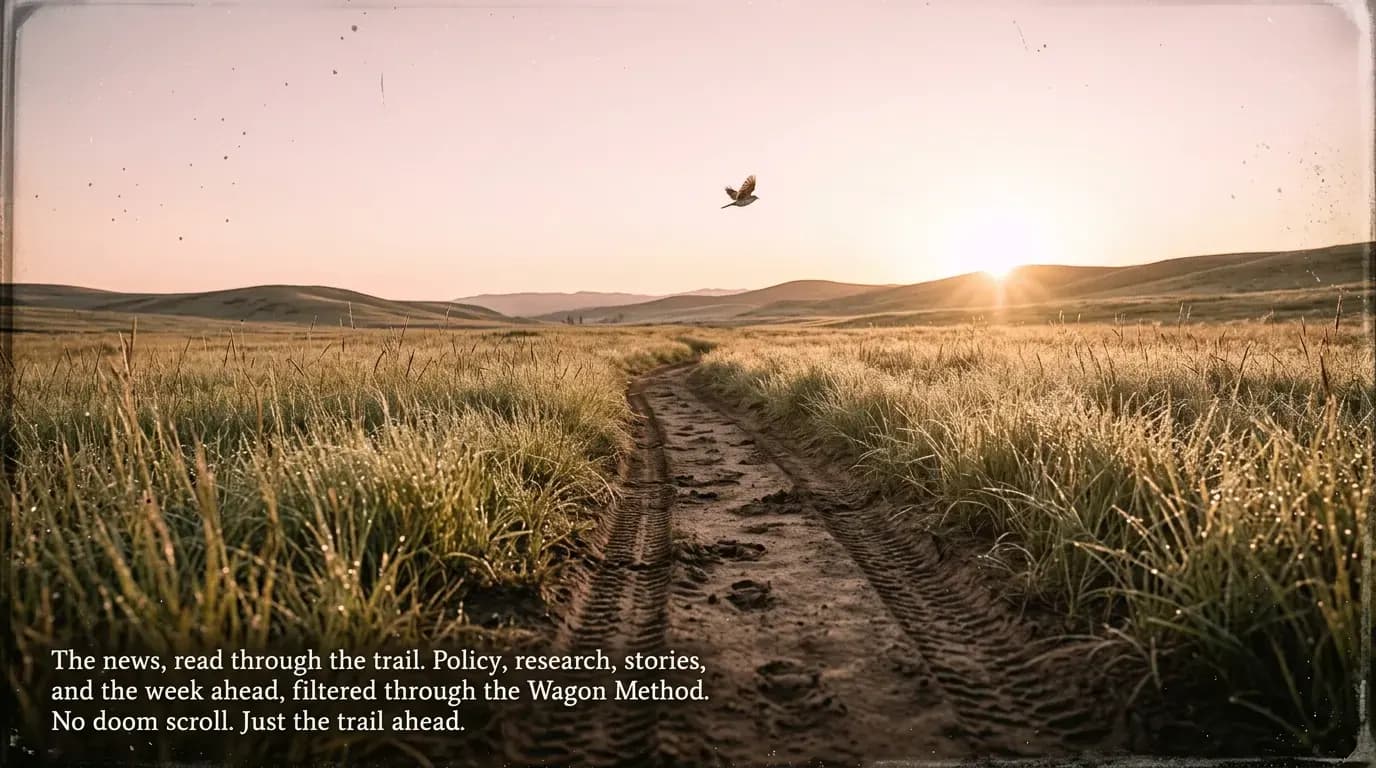 A wagon train winding along a long dusty trail beneath a wide open sky