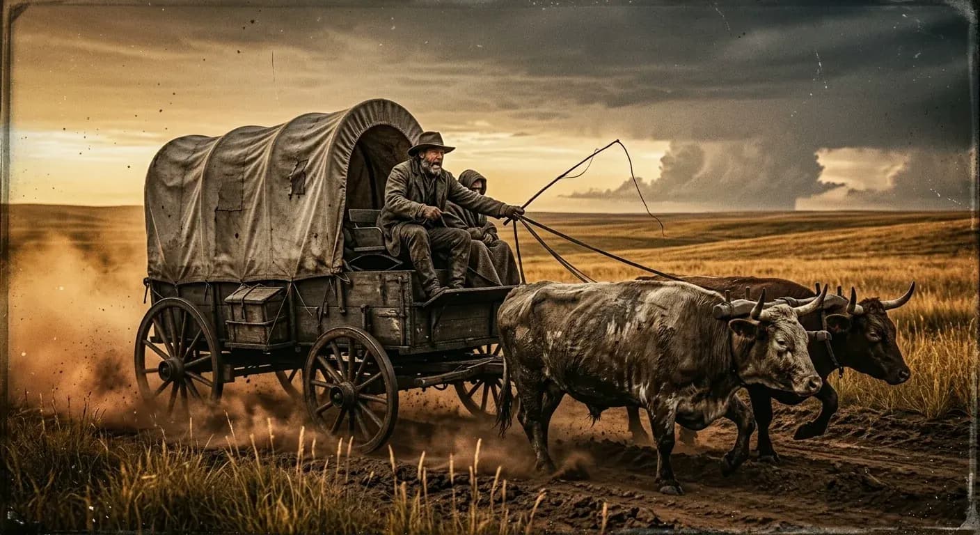 A covered wagon on a golden trail at sunset, mountains in the distance
