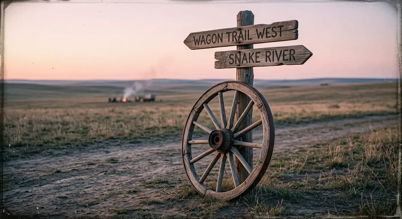 A wagon wheel catching the first warm light of dawn over the prairie
