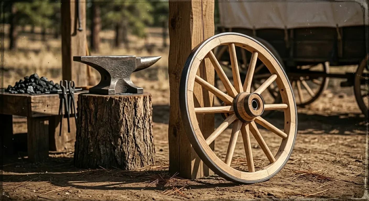 A weathered wagon wheel resting against a log cabin, lit by an oil lamp at dusk