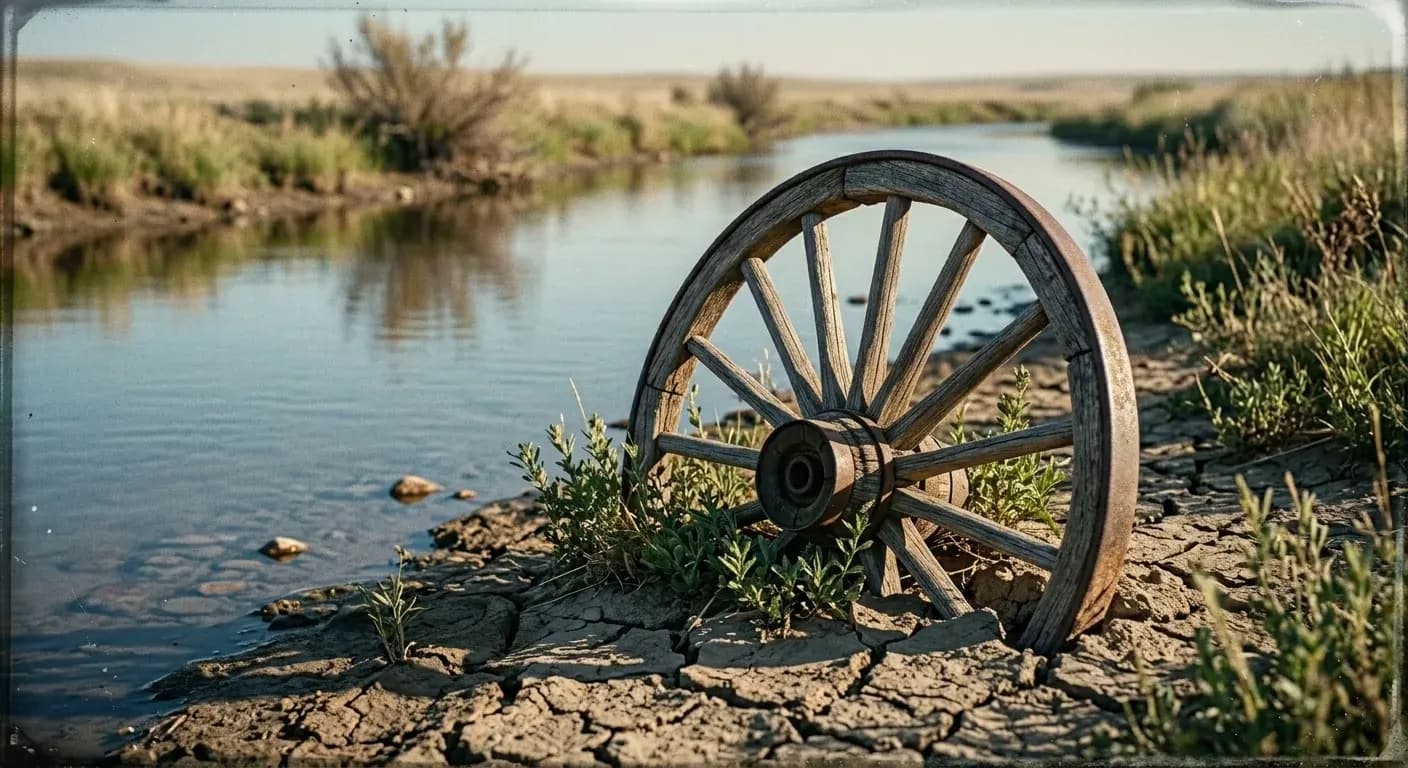 A wagon wheel turning slowly along a packed trail at golden hour, dust catching the warm light